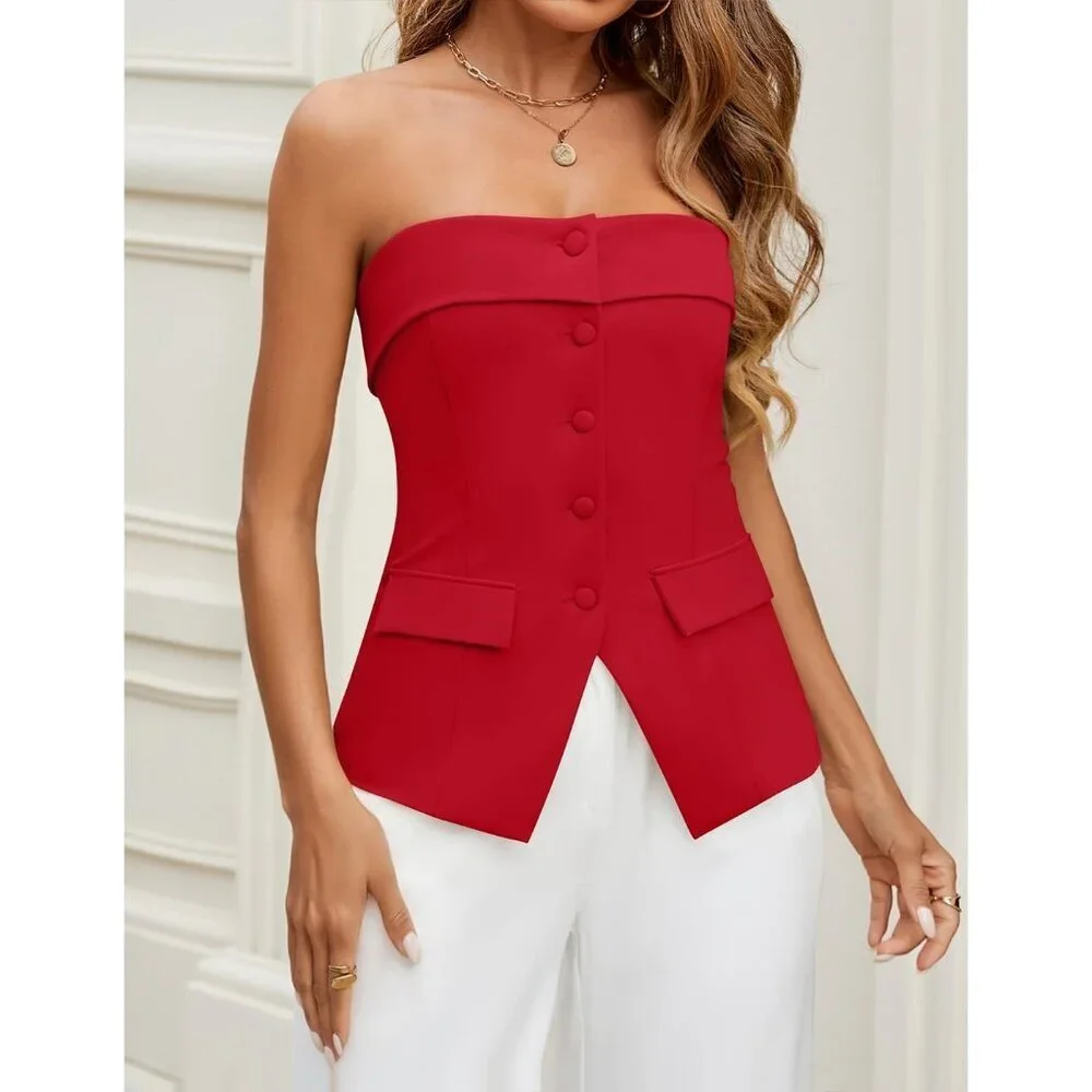 Women's Red Summer Going Out Sleeveless Button Down Dressy Tube Vest Tops